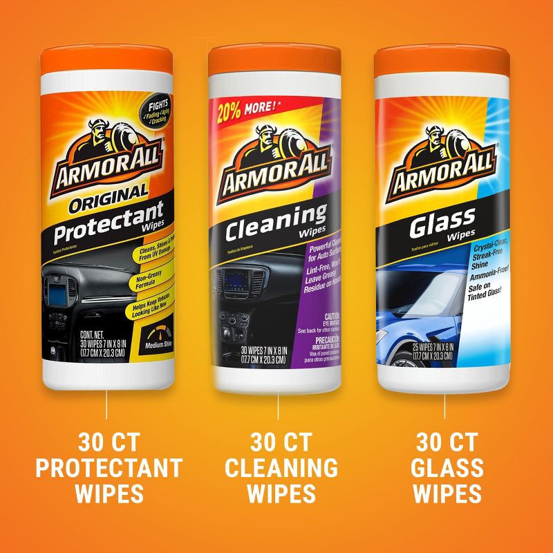 slide 10 of 11, Armor All 3pk 30ct Triple Pack Protectant/Cleaning/Glass Wipes Automotive Interior Cleaner: Car Cleaning Supplies, UV Protection, Non-Abrasive, 3 ct, 30 ct