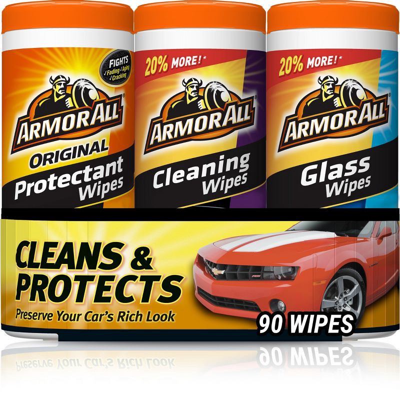 slide 1 of 12, Armor All 3pk 30ct Triple Pack Protectant/Cleaning/Glass Wipes Automotive Interior Cleaner, 3 ct, 30 ct