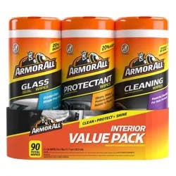 Armor All 3pk 30ct Triple Pack Protectant/Cleaning/Glass Wipes Automotive Interior Cleaner: Car Cleaning Supplies, UV Protection, Non-Abrasive