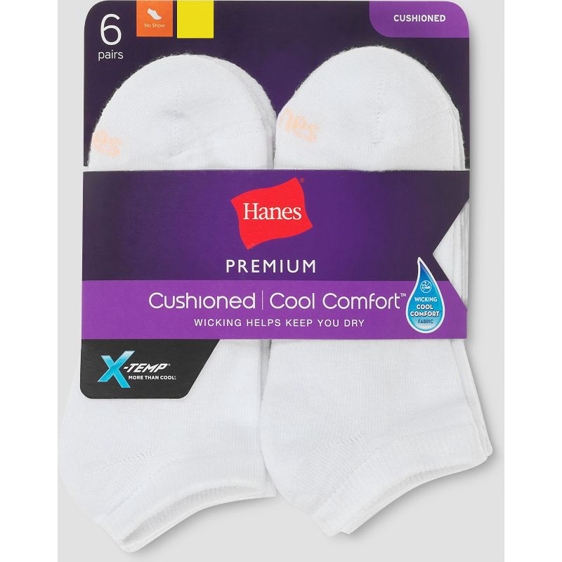 slide 2 of 2, Hanes Premium 6 Pack Women's Cushioned No Show Socks - White 8-12, 6 ct