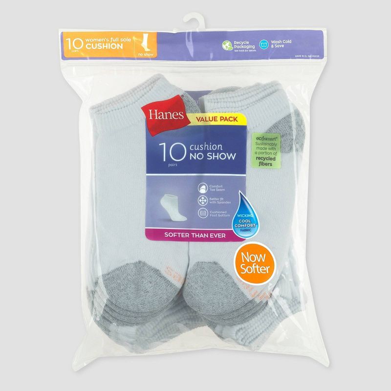 slide 3 of 3, Hanes Women's 10pk Cushioned No Show Socks - White 5-9: Midweight Knit, Reinforced Heel & Toe, Stretch Fabric, 10 ct