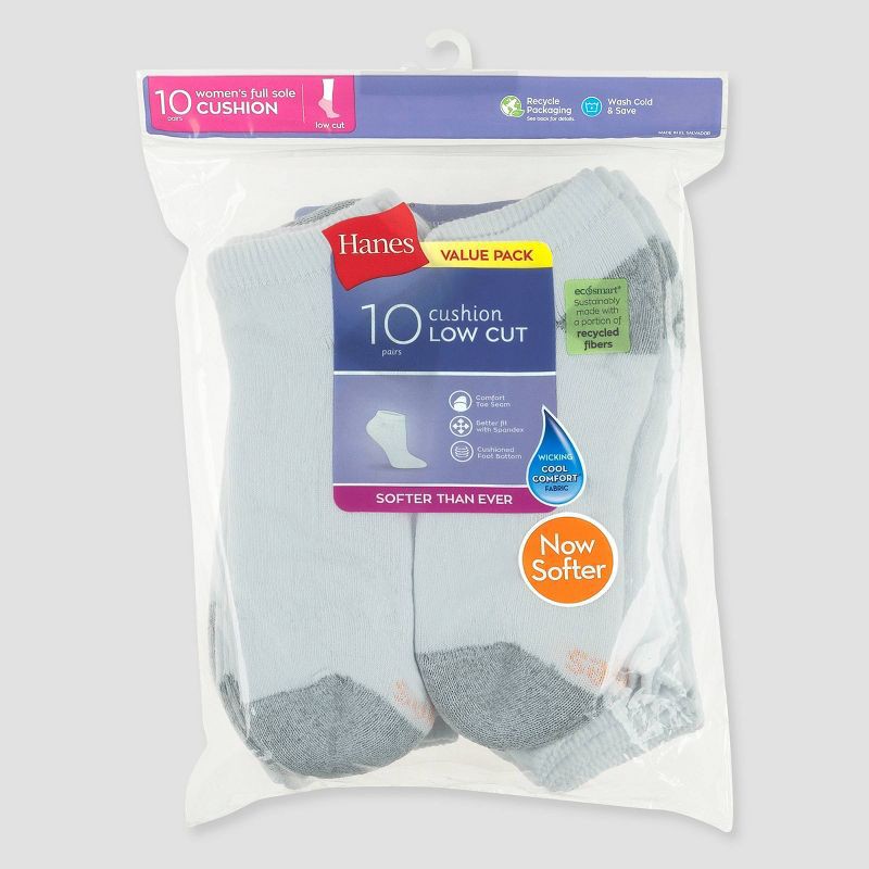 slide 3 of 3, Hanes Women's 10pk Cushioned Low Cut Socks - White 5-9: Knit, Reinforced Heel & Toe, 10 ct