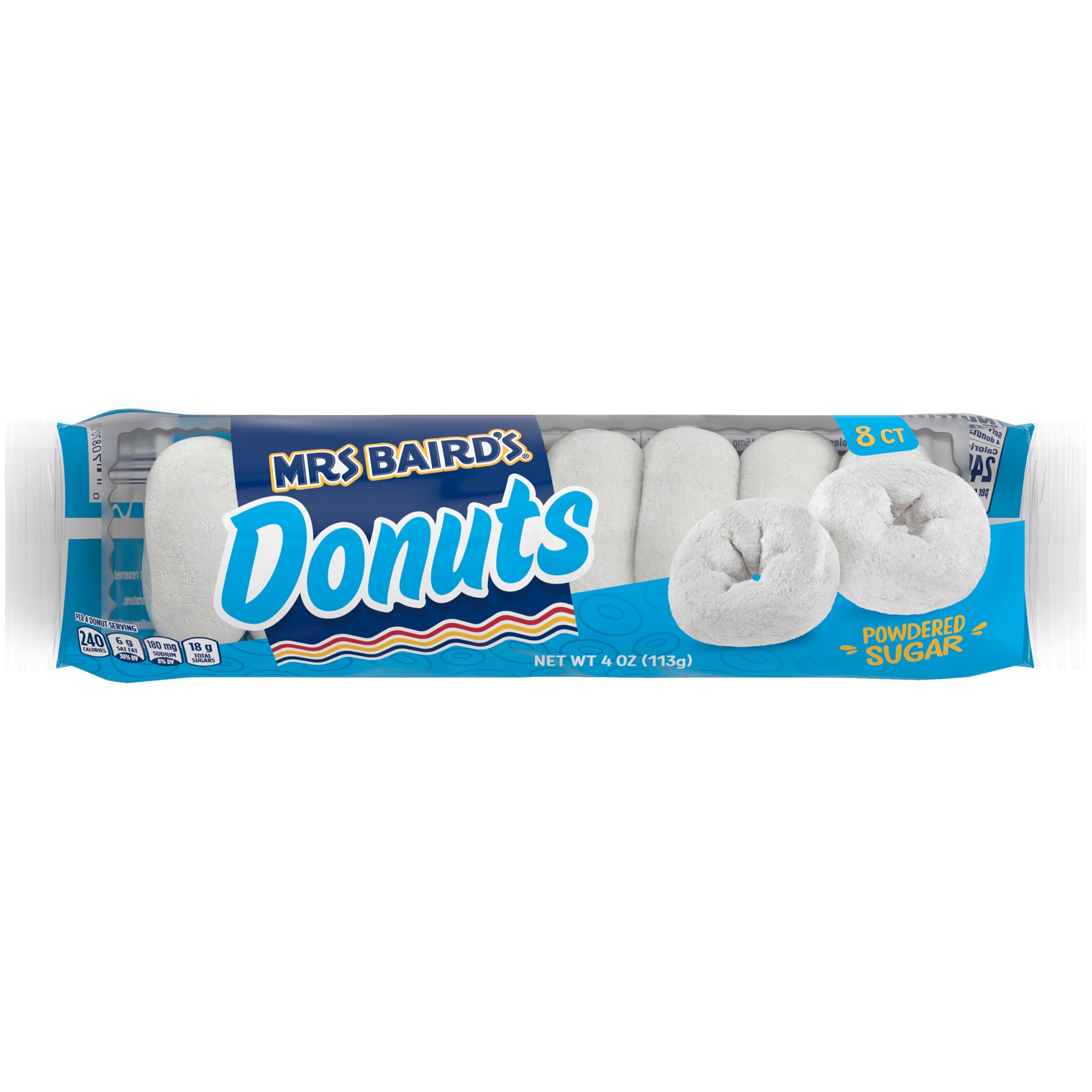 slide 1 of 14, Mrs. Baird's Powdered Sugar Donuts, 8 count, 4 oz (Snack Single), 8 ct