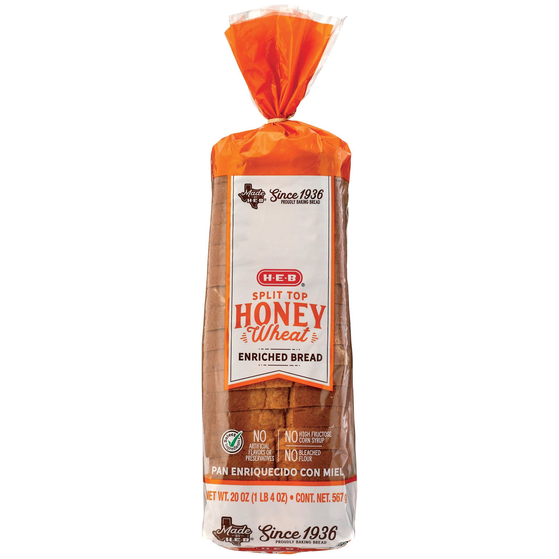 slide 1 of 1, H-E-B Split Top Honey Wheat Enriched Bread, 24 oz