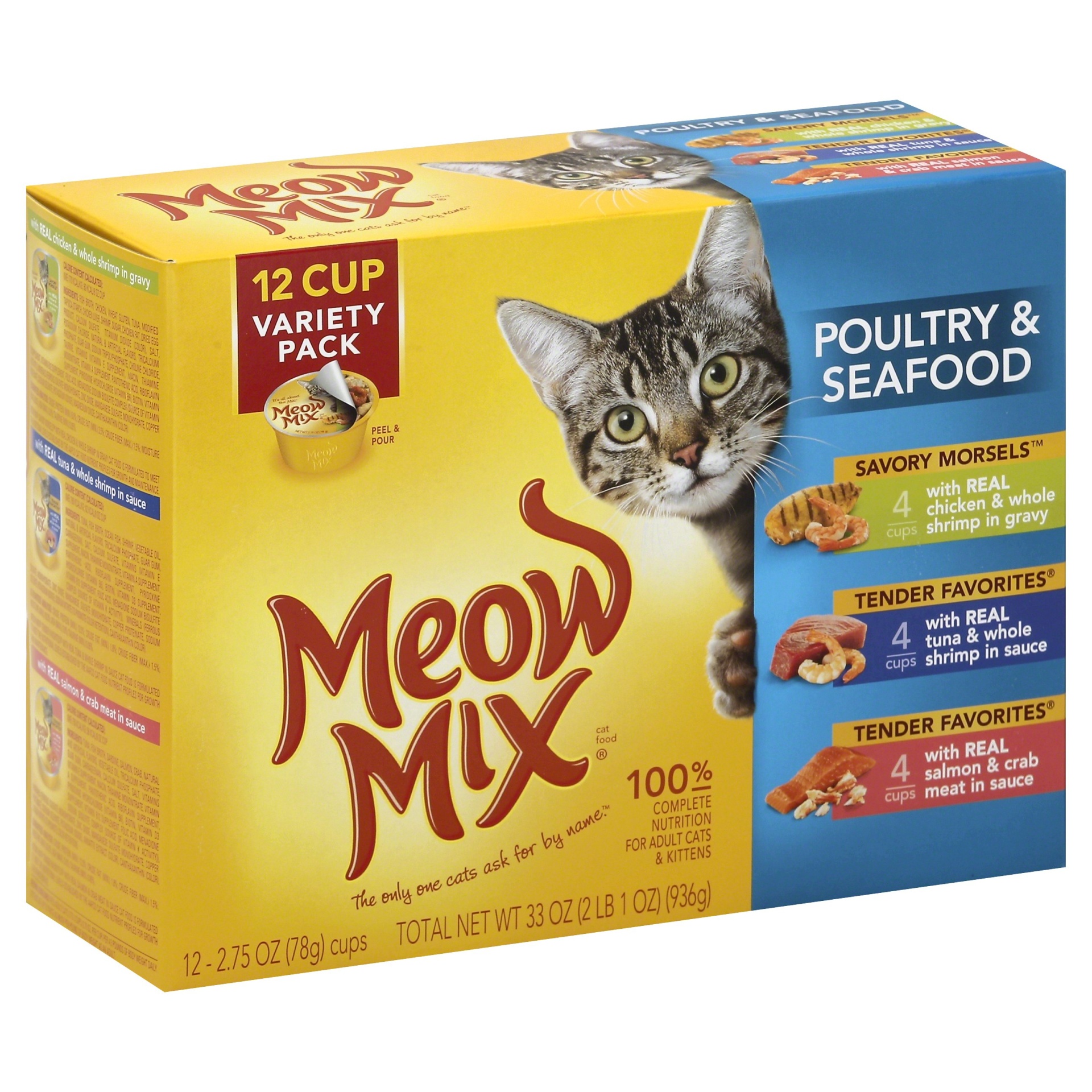 slide 1 of 5, Meow Mix Poultry and Seafood Wet Cat Food Variety Pack Cups, 12 ct. 2.75 oz