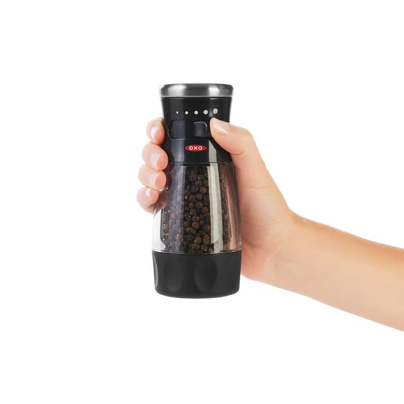 slide 2 of 4, OXO Softworks Pepper Grinder: Black Refillable Spice Mill, Stainless Steel, Mess-Free Design, 5.65" Height, 1 ct
