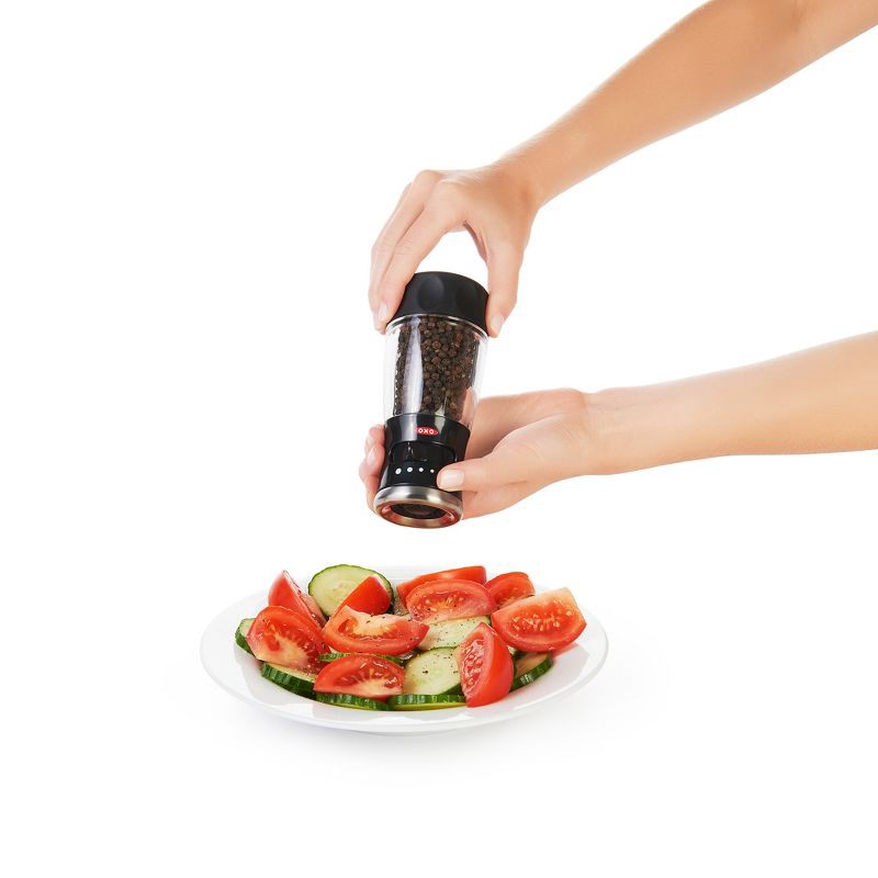 slide 3 of 4, OXO Softworks Pepper Grinder: Black Refillable Spice Mill, Stainless Steel, Mess-Free Design, 5.65" Height, 1 ct