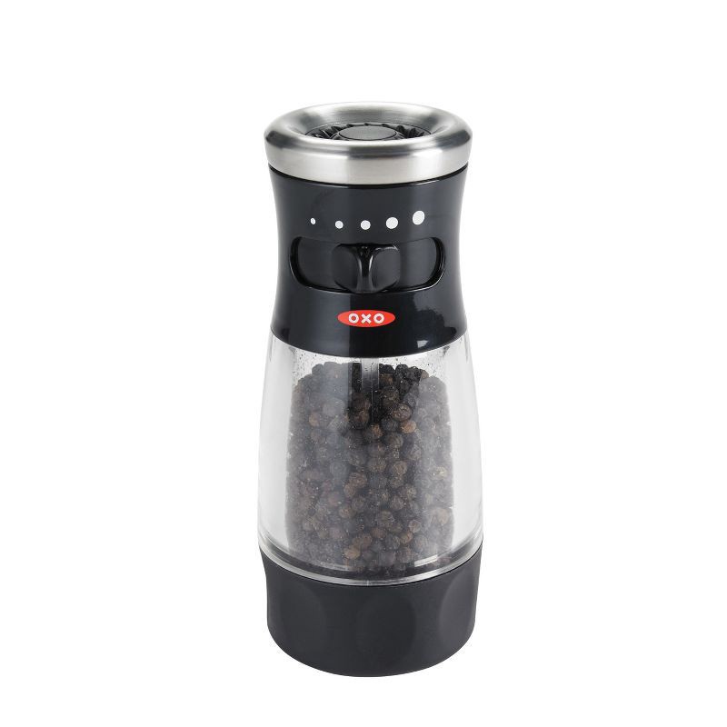 slide 1 of 4, OXO Softworks Pepper Grinder: Black Refillable Spice Mill, Stainless Steel, Mess-Free Design, 5.65" Height, 1 ct