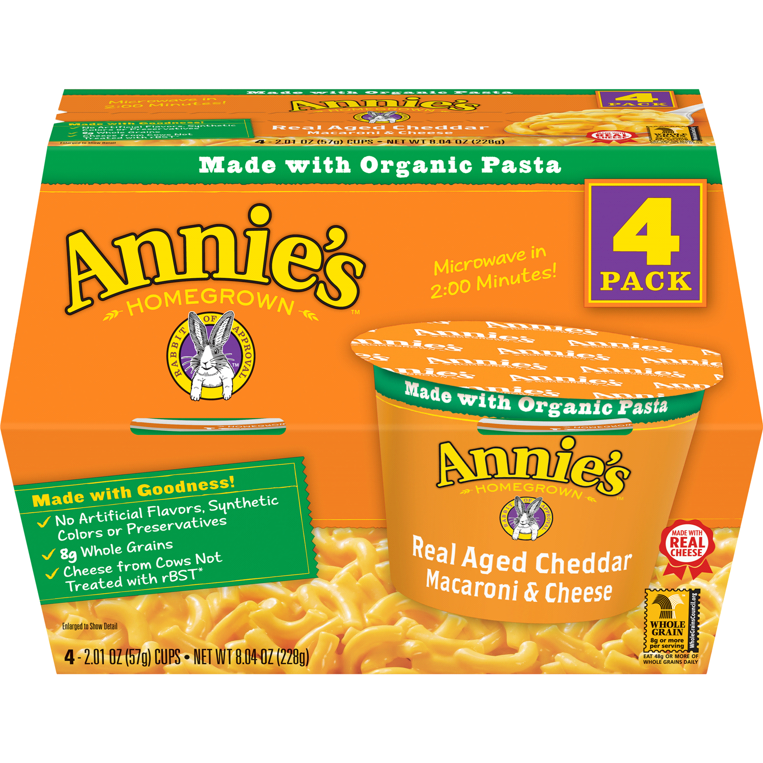 slide 1 of 2, Annie's Real Aged Cheddar Microwave Mac and Cheese with Organic Pasta, Made with Real Cheese, Dinner Side or Snacks, 4 Cups, 8.04 oz, 4 ct
