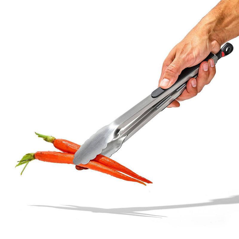 slide 4 of 6, OXO 12" Tongs: Stainless Steel Kitchen Tongs with Locking Mechanism, Dishwasher-Safe, Light Silver, 1 ct