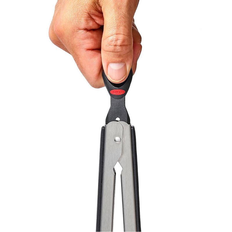 slide 5 of 6, OXO 12" Tongs: Stainless Steel Kitchen Tongs with Locking Mechanism, Dishwasher-Safe, Light Silver, 1 ct
