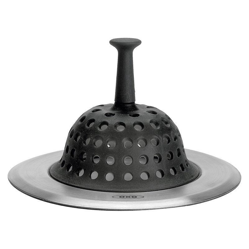 slide 3 of 8, OXO Sink Strainer: Silicone & Stainless Steel, Kitchen Drain Catcher, Dishwasher-Safe, Black, 1 ct