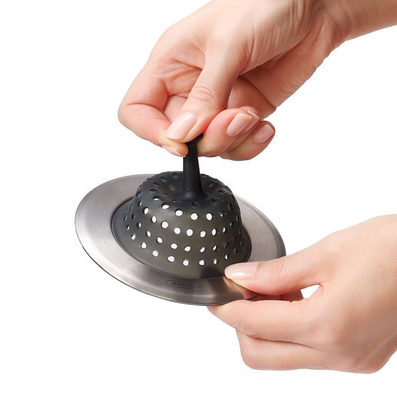 slide 5 of 8, OXO Sink Strainer: Silicone & Stainless Steel, Kitchen Drain Catcher, Dishwasher-Safe, Black, 1 ct