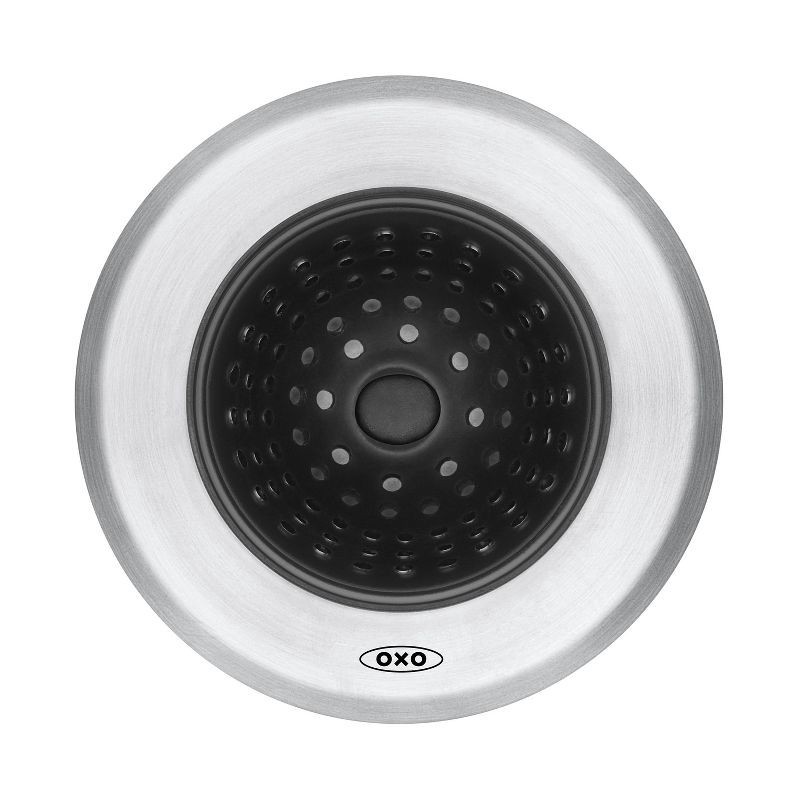slide 6 of 8, OXO Sink Strainer: Silicone & Stainless Steel, Kitchen Drain Catcher, Dishwasher-Safe, Black, 1 ct