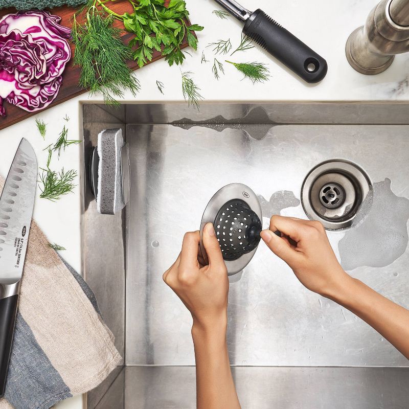 slide 7 of 8, OXO Sink Strainer: Silicone & Stainless Steel, Kitchen Drain Catcher, Dishwasher-Safe, Black, 1 ct
