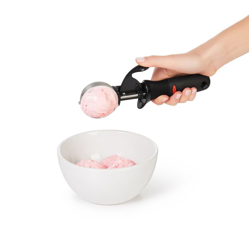 slide 3 of 4, OXO Classic Swipe Ice Cream Scoop: Stainless Steel, Dishwasher-Safe, 8.3" Length, 4.25" Handle, Black, 1 ct