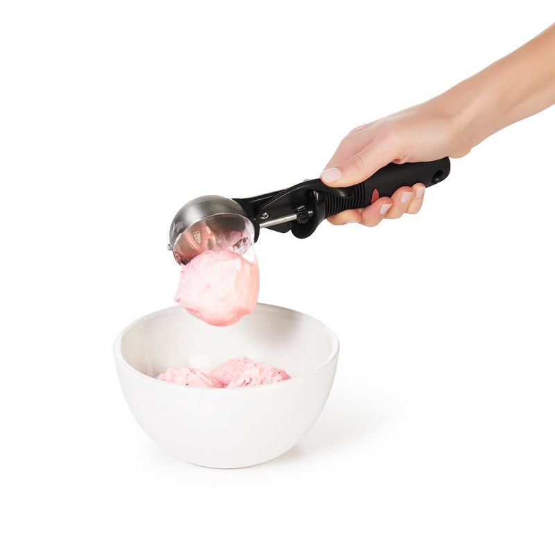 slide 4 of 4, OXO Classic Swipe Ice Cream Scoop: Stainless Steel, Dishwasher-Safe, 8.3" Length, 4.25" Handle, Black, 1 ct