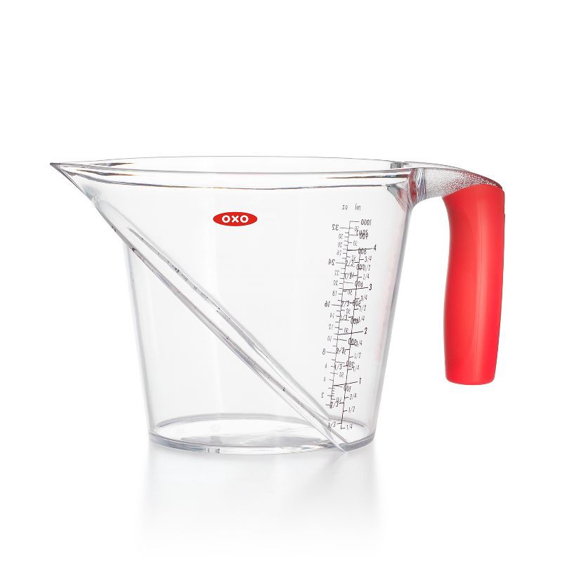 slide 1 of 6, OXO 4 Cup Angled Measuring Cup: Large Liquid Plastic, Dishwasher-Safe, Clear, Lifetime Warranty, 1 ct