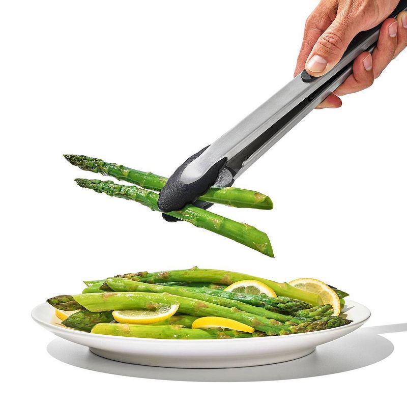 slide 2 of 5, OXO 12" Tongs with Nylon Head: Stainless Steel, Locking Mechanism, Dishwasher-Safe Cooking Tongs, Black, 1 ct
