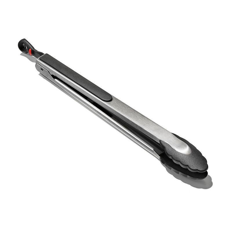 slide 3 of 5, OXO 12" Tongs with Nylon Head: Stainless Steel, Locking Mechanism, Dishwasher-Safe Cooking Tongs, Black, 1 ct