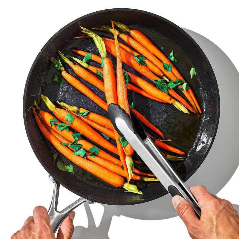 slide 4 of 5, OXO 12" Tongs with Nylon Head: Stainless Steel, Locking Mechanism, Dishwasher-Safe Cooking Tongs, Black, 1 ct