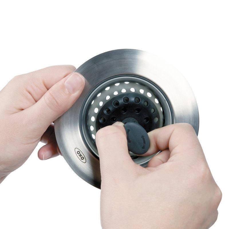 slide 4 of 8, OXO Silicone Sink Strainer with Stopper: Black, Stainless Steel, Kitchen Drain Plug, Dishwasher-Safe, 4.3" Diameter, 1 ct