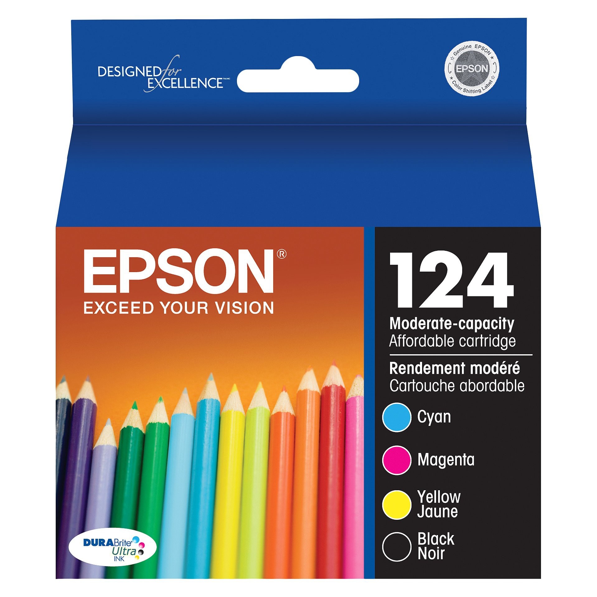 slide 1 of 3, Epson 124 Black, C/M/Y 4pk Combo Ink Cartridges - Black, Cyan,Magenta,Yellow (T124120BCS), 1 ct