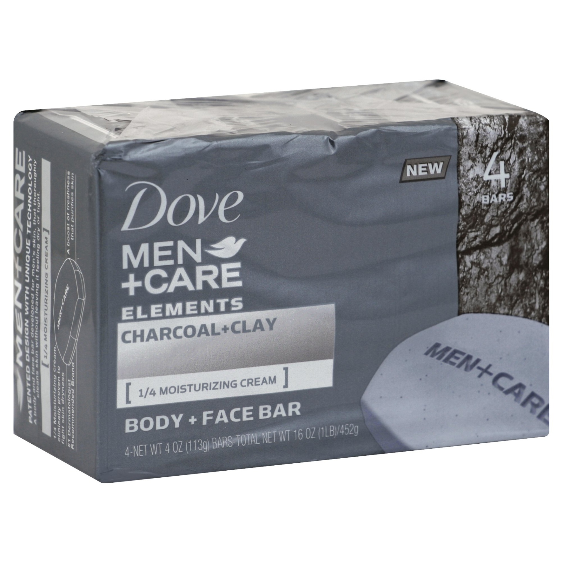 slide 1 of 2, Dove Men+Care Bar Elements Body and Face Bar Charcoal + Clay, 4 ct; 4 oz