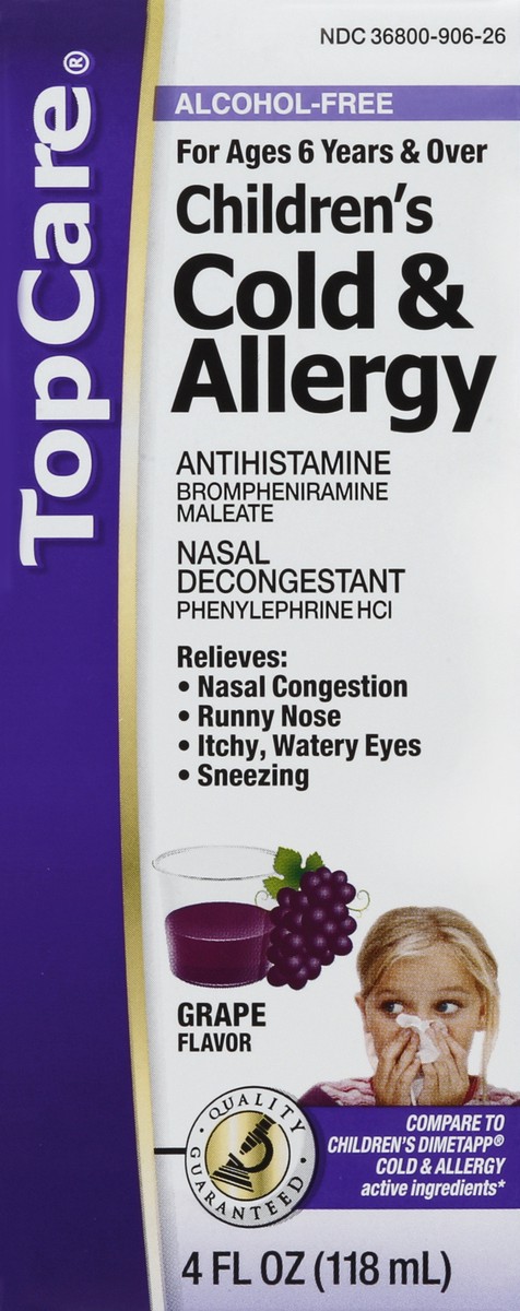 slide 5 of 6, TopCare Children's Cold & Allergy Brompheniramine Maleate Antihistamine, Phenylephrine Hcl Nasal Decongestant Liquid, Grape, 4 fl oz