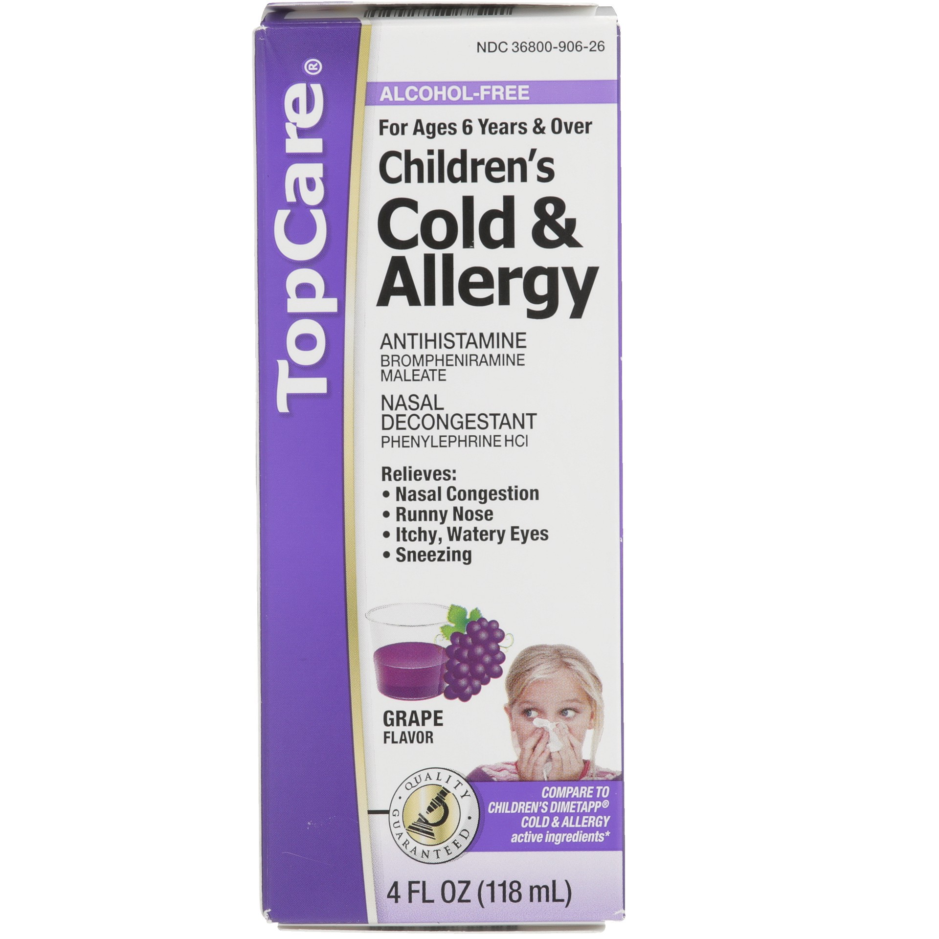 slide 1 of 6, TopCare Children's Cold & Allergy Brompheniramine Maleate Antihistamine, Phenylephrine Hcl Nasal Decongestant Liquid, Grape, 4 fl oz