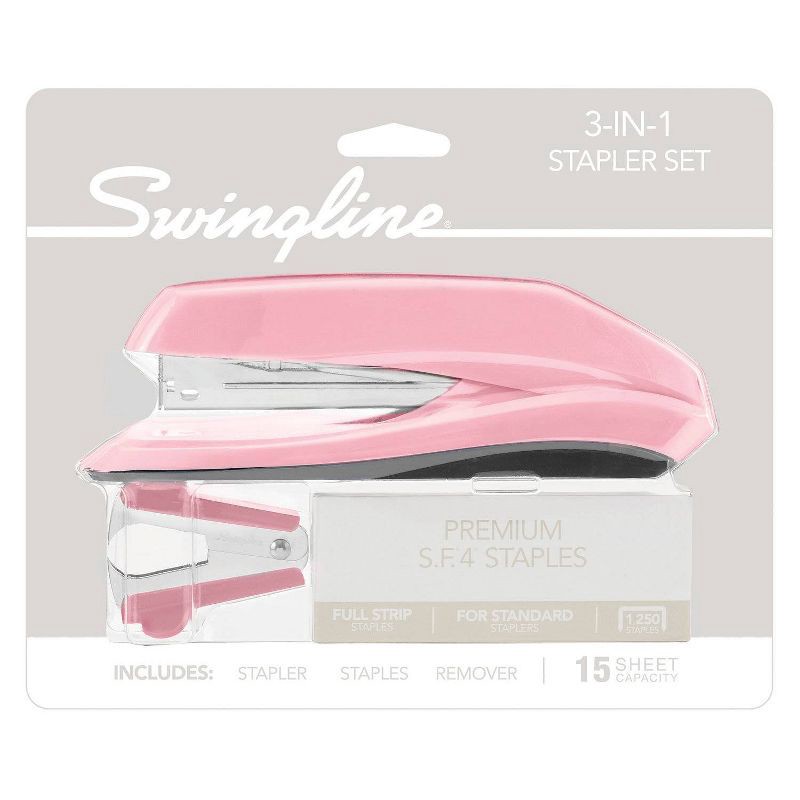 slide 2 of 12, Swingline 3-in-1 Stapler Set 1ct (Color Will Vary): Non-Powered Desk Tool, 15 Sheet Capacity, Metal & Plastic, Black, 1 ct, 15 sheets