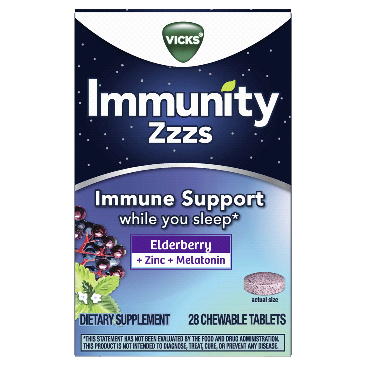 slide 1 of 9, Vicks Chewable Tablets Elderberry Immunity Zzzs 28 ea, 28 ct