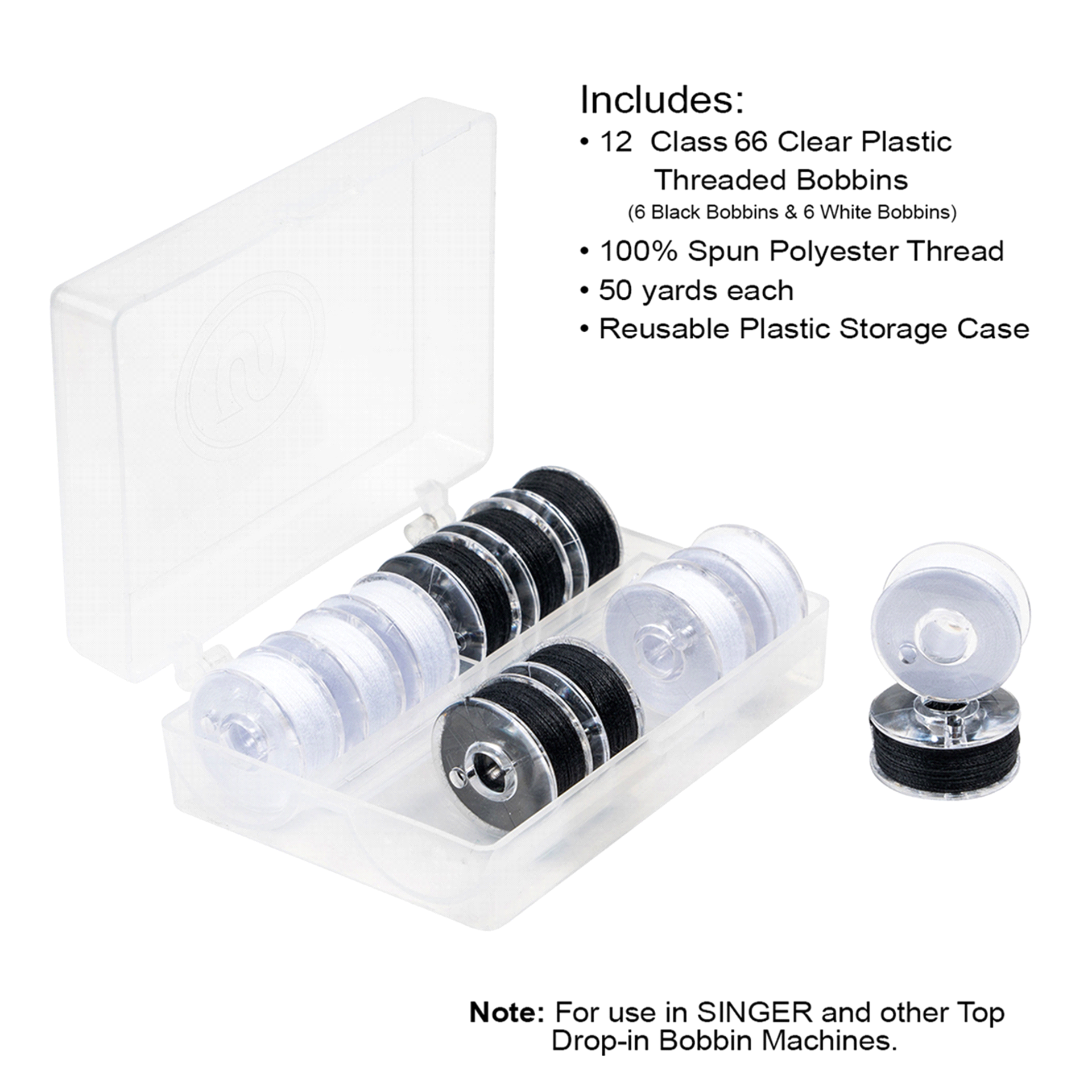 slide 8 of 13, Singer Class 66 Threaded Bobbins Black & White, 12 ct