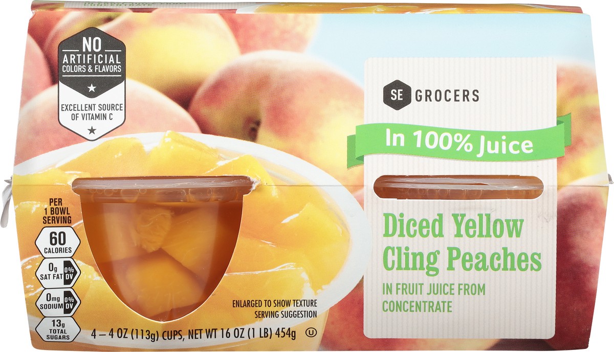 slide 7 of 11, SE Grocers Peaches Diced Yellow Cling In 100% Juice - 4 CT, 4 ct