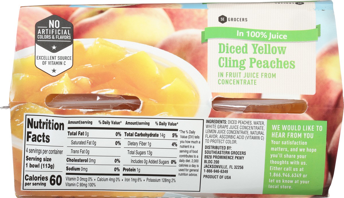 slide 2 of 11, SE Grocers Peaches Diced Yellow Cling In 100% Juice - 4 CT, 4 ct