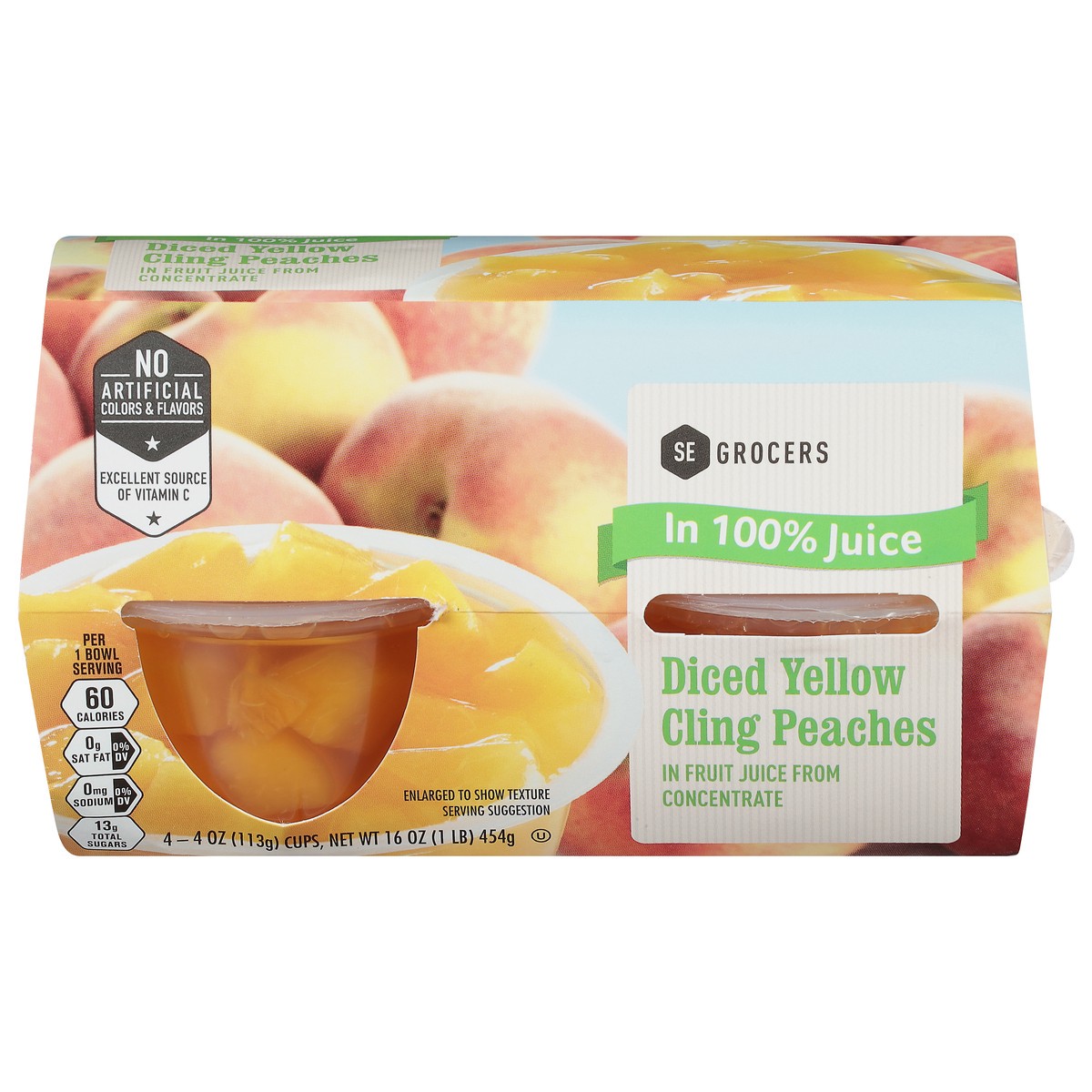 slide 1 of 11, SE Grocers Peaches Diced Yellow Cling In 100% Juice - 4 CT, 4 ct