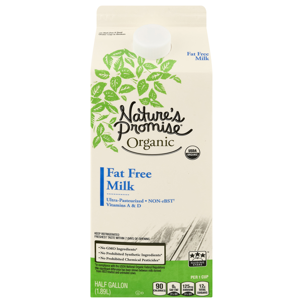slide 1 of 1, Nature's Promise Organic Fat Free Skim Milk, 1/2 gal