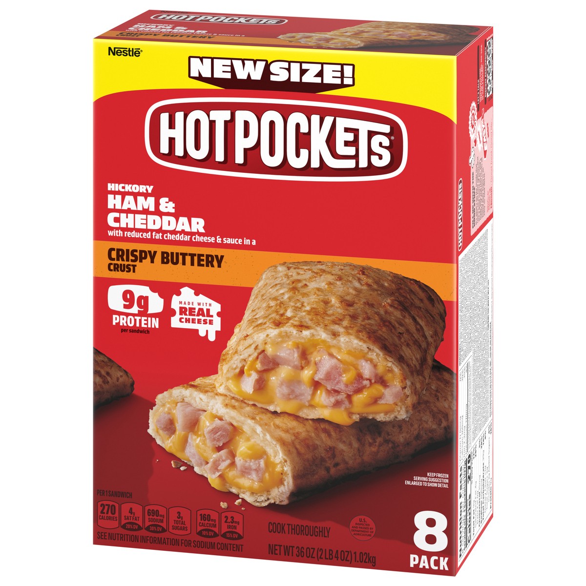 slide 7 of 9, Hot Pockets Hickory Ham and Cheddar Frozen Snacks in a Crispy Buttery Crust, Frozen Ham and Cheese Sandwiches Made with Cheddar Cheese, Frozen Sandwiches, 2.25 lb