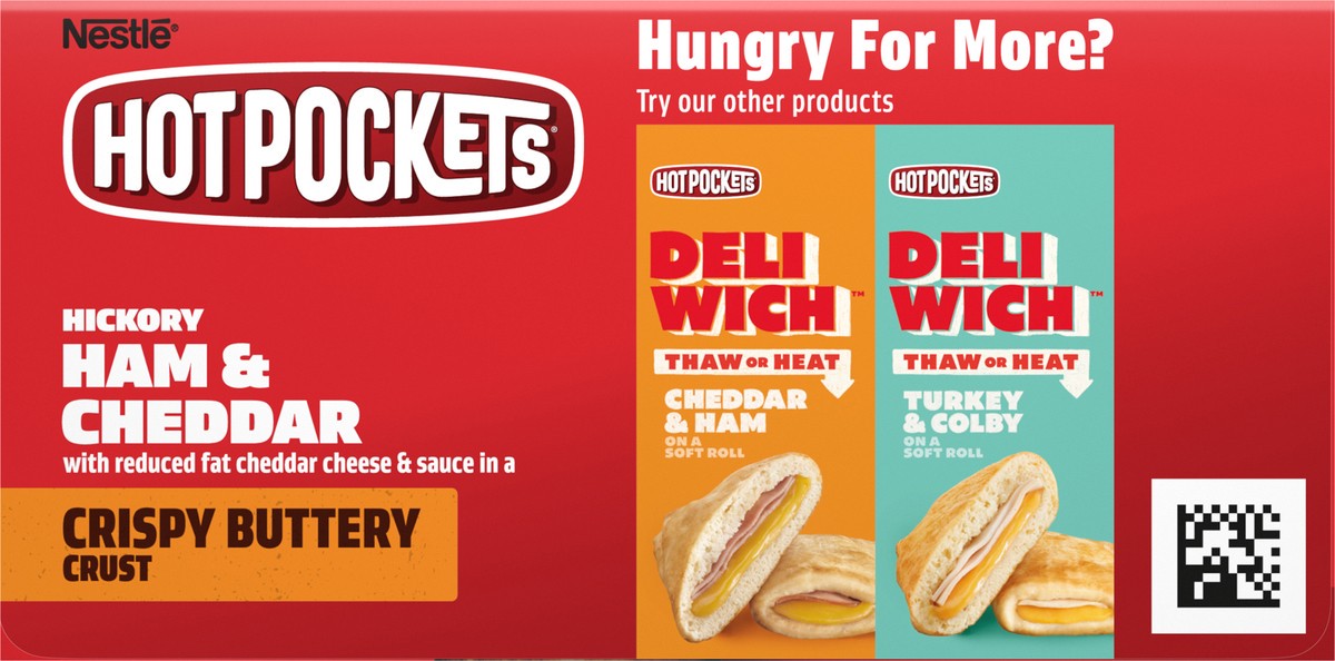 slide 8 of 9, Hot Pockets Hickory Ham and Cheddar Frozen Snacks in a Crispy Buttery Crust, Frozen Ham and Cheese Sandwiches Made with Cheddar Cheese, Frozen Sandwiches, 2.25 lb