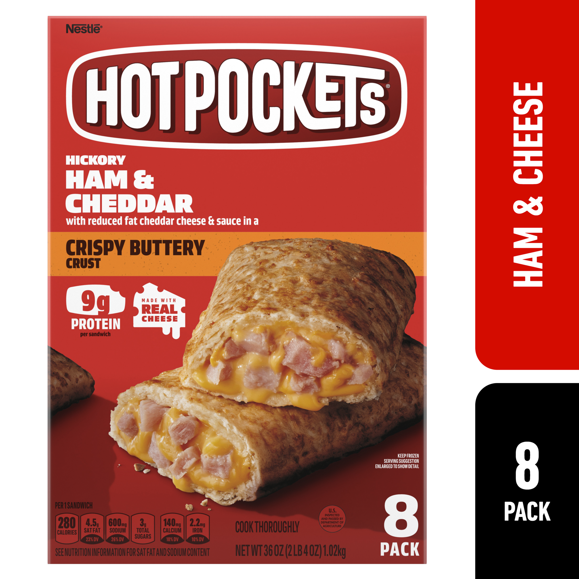 slide 1 of 9, Hot Pockets Hickory Ham and Cheddar Frozen Snacks in a Crispy Buttery Crust, Frozen Ham and Cheese Sandwiches Made with Cheddar Cheese, Frozen Sandwiches, 2.25 lb