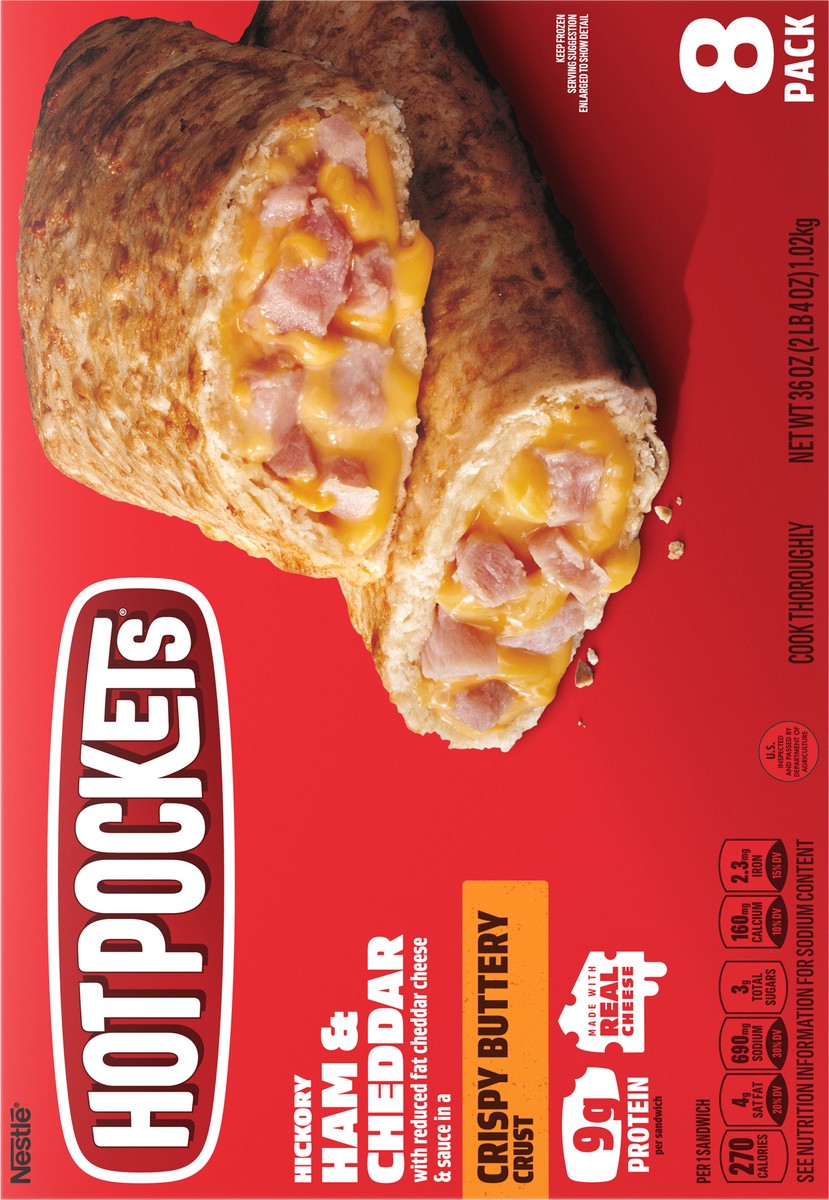 slide 3 of 9, Hot Pockets Hickory Ham and Cheddar Frozen Snacks in a Crispy Buttery Crust, Frozen Ham and Cheese Sandwiches Made with Cheddar Cheese, Frozen Sandwiches, 2.25 lb