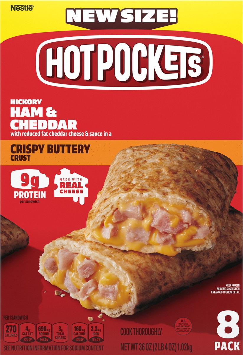 slide 5 of 9, Hot Pockets Hickory Ham and Cheddar Frozen Snacks in a Crispy Buttery Crust, Frozen Ham and Cheese Sandwiches Made with Cheddar Cheese, Frozen Sandwiches, 2.25 lb