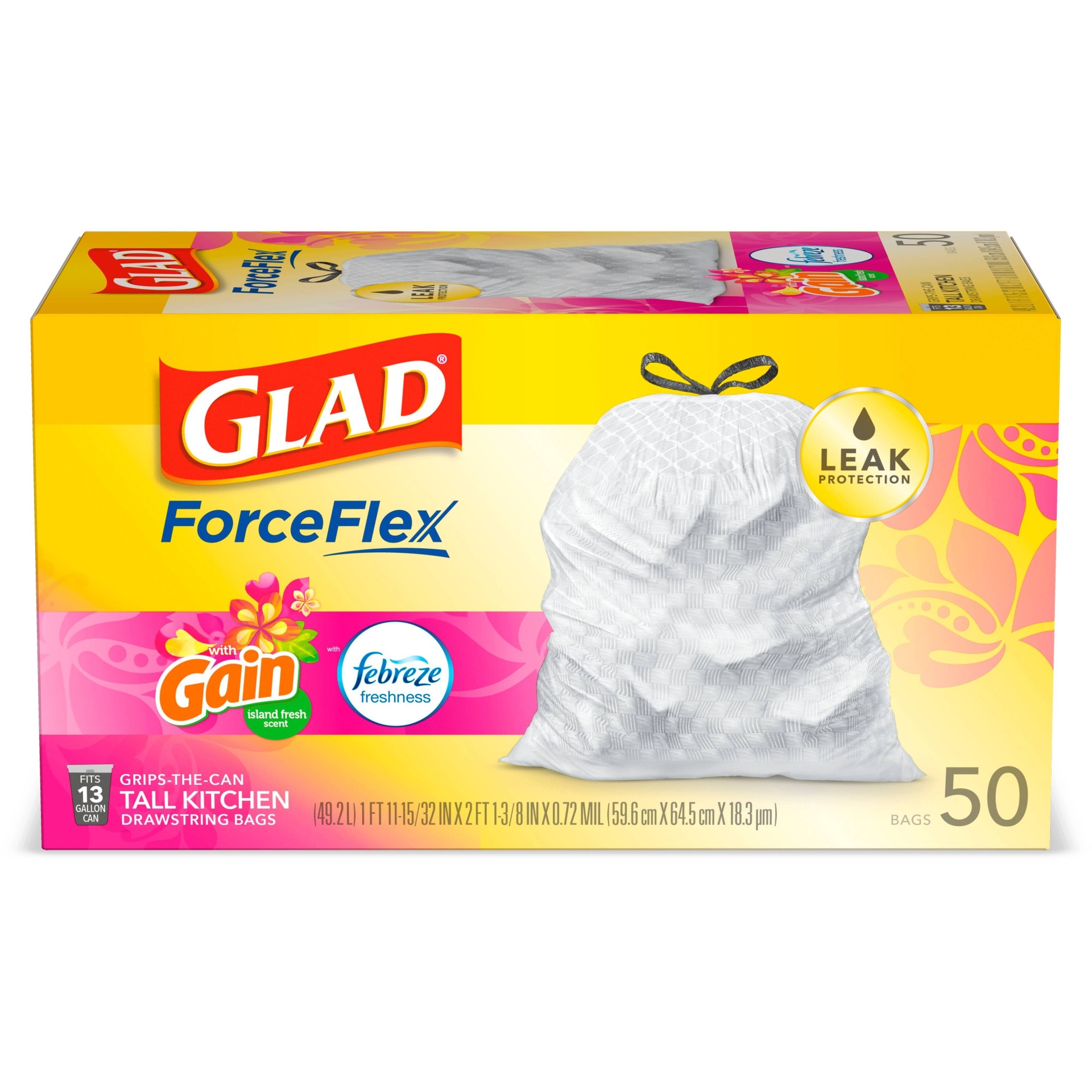 slide 1 of 7, Glad ForceFlex White Trash Bags Gain Island Fresh Scent with Febreze Freshness, 13 gal, 50 ct