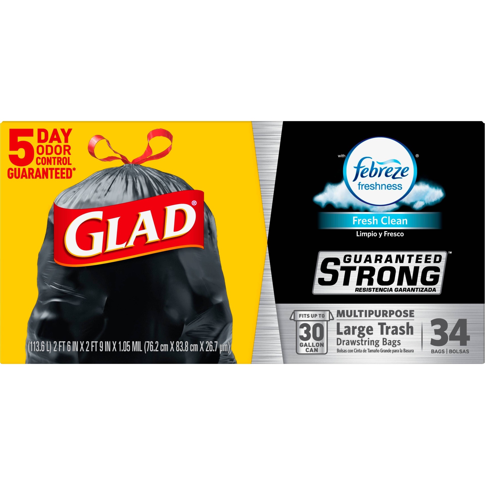 slide 1 of 5, Glad Large Drawstring Trash Bags + OdorShield Black Trash Bags - Febreze Fresh Clean, 30 gal, 34 ct