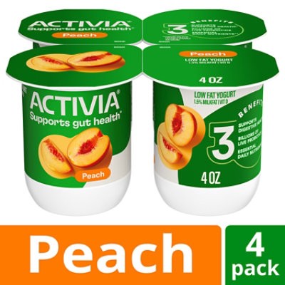 slide 1 of 3, Activia Low Fat Probiotic Peach Yogurt - 4-4 Oz, 4 ct; 4 oz
