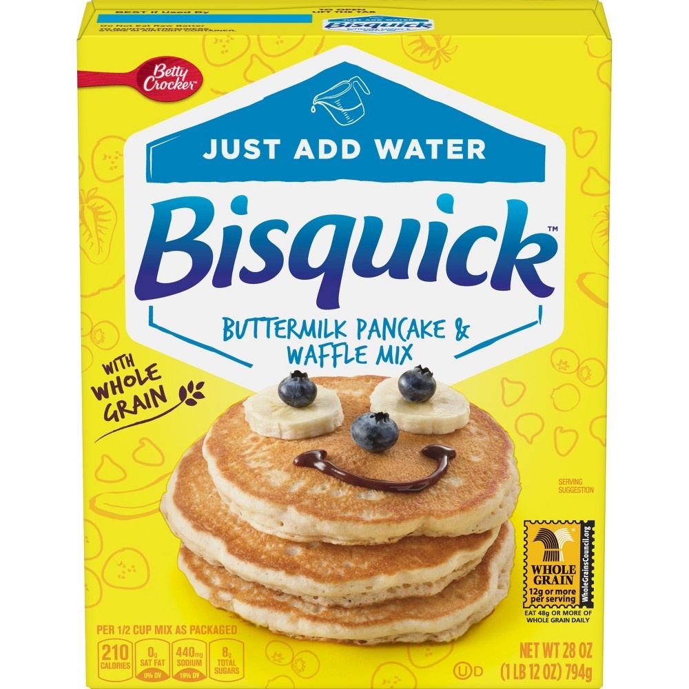 slide 2 of 4, Bisquick Complete Simply Buttermilk with Whole Grain Pancake & Waffle Mix, 28 oz