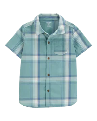 Oshkosh Baby Plaid Knit Short-Sleeve Button-Down Shirt - Green Blue 12M