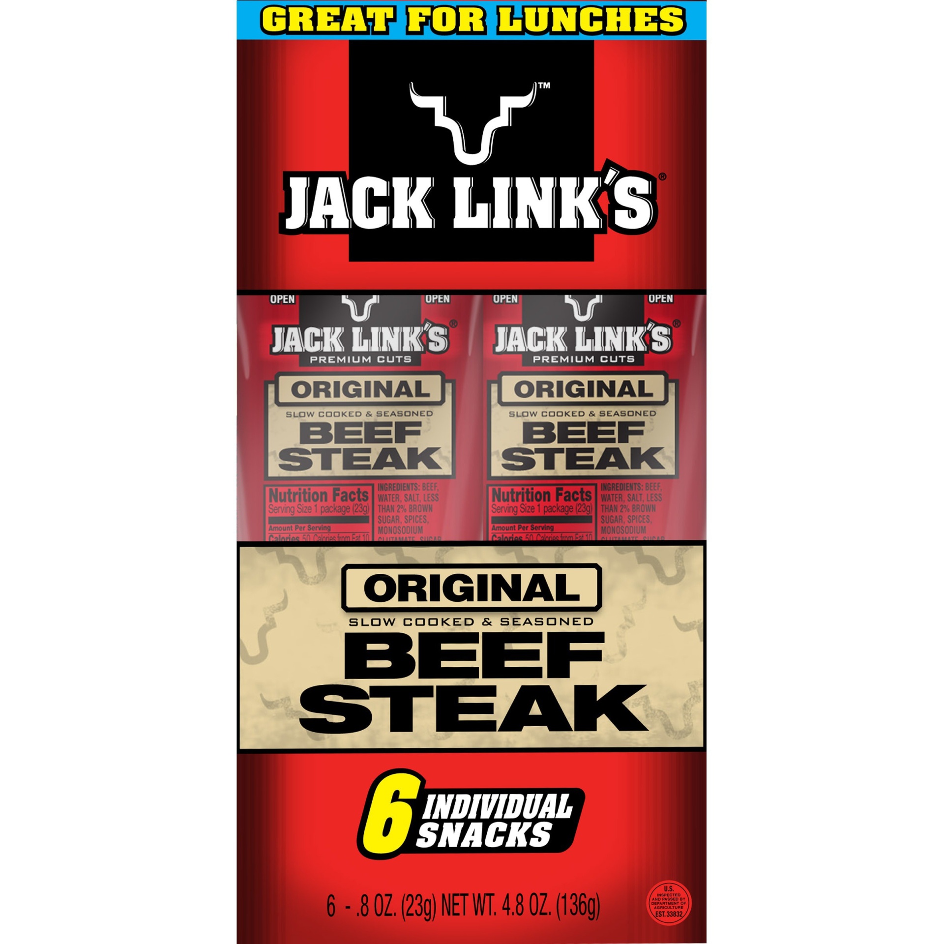 slide 1 of 2, Jack Link's Original Beef Steak Individual Snacks, 4.8 oz, 6 ct