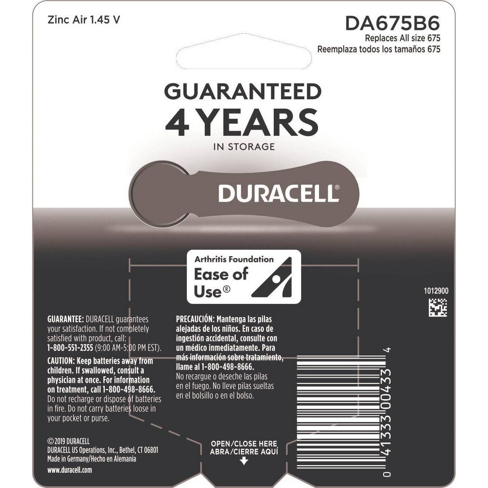 slide 3 of 3, Duracell Size 675 Hearing Aid Batteries - 6 Pack - Easy-Fit Tab, 6 ct