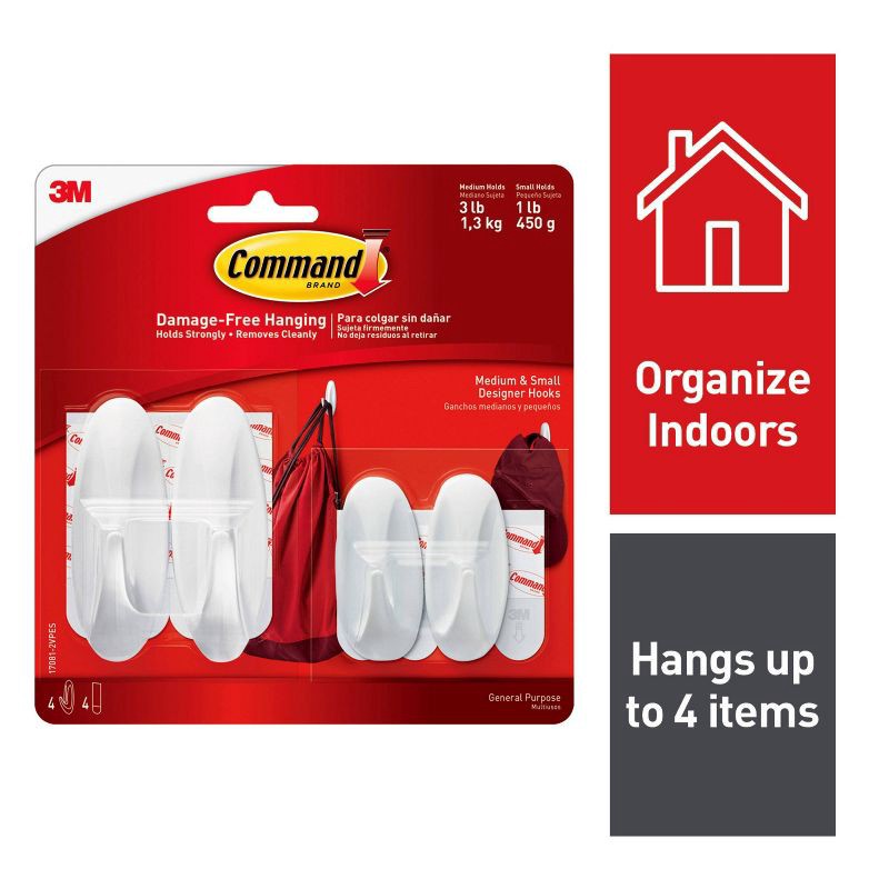 slide 2 of 11, Command Small and Medium Hook Value Pack: Heavy Duty Adhesive Wall Hooks, 3 lb Capacity, 4 Pack, White, 3 lb, 4 ct